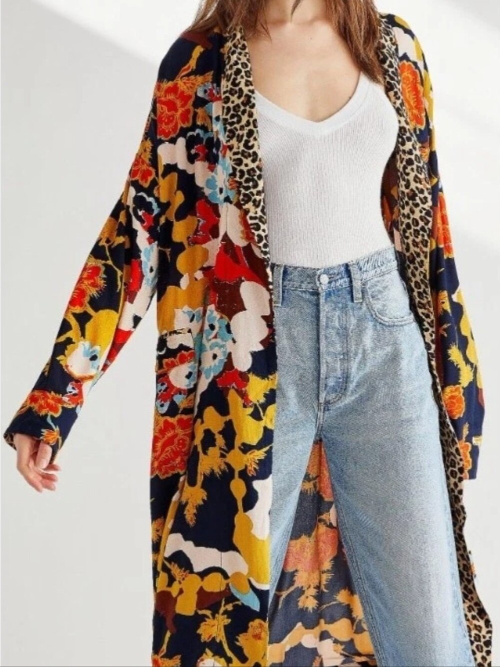 Free People Floral & Leopard Print Kimono Robe